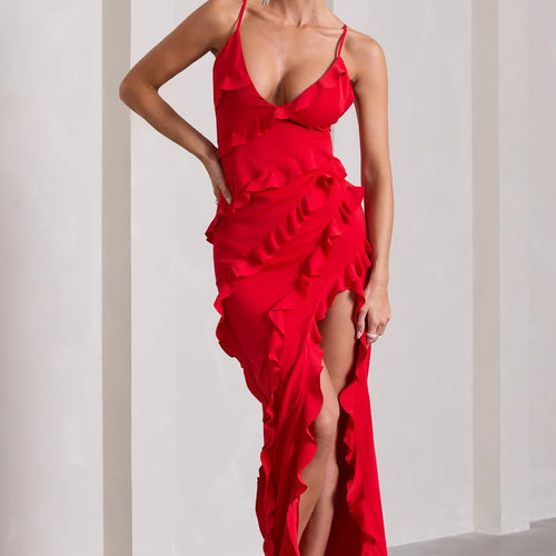 Load image into Gallery viewer, Elegant Spaghetti Strap Backless Charming Dress For Women 2024 Summer Sexy V-neck Ruffle Edge Split Party Evening Dress
