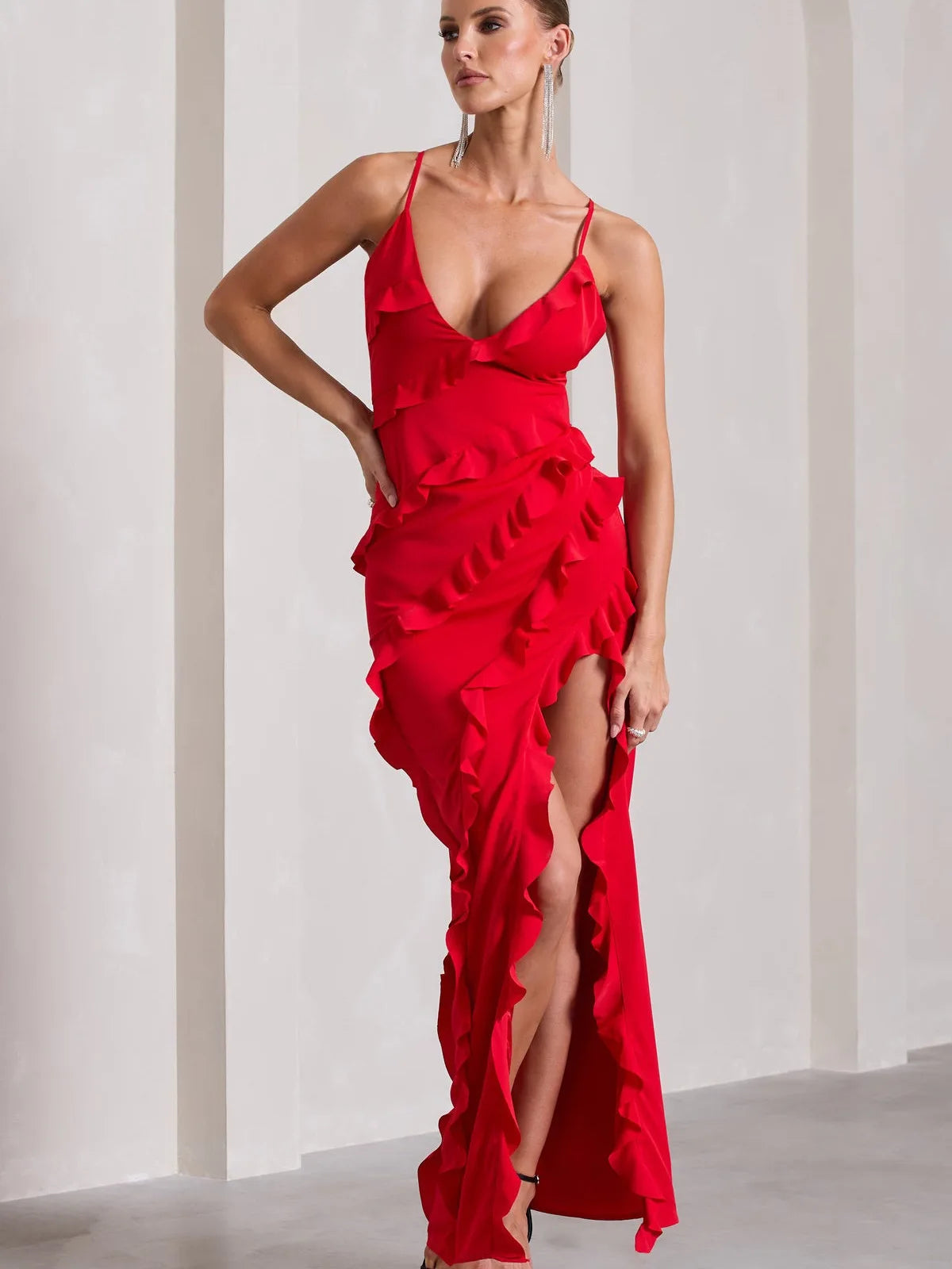 Elegant Spaghetti Strap Backless Charming Dress For Women 2024 Summer Sexy V-neck Ruffle Edge Split Party Evening Dress