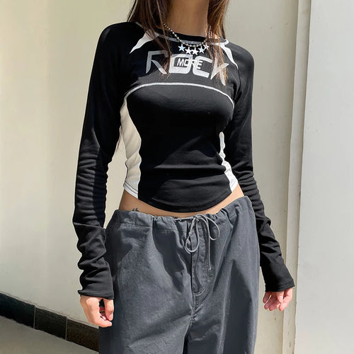 Load image into Gallery viewer, Cotton Harajuku Stitch Women T-shirts Bodycon Letter Print Autumn Tee Shirt Moto&amp;Biker Style Long Sleeve Crop Top
