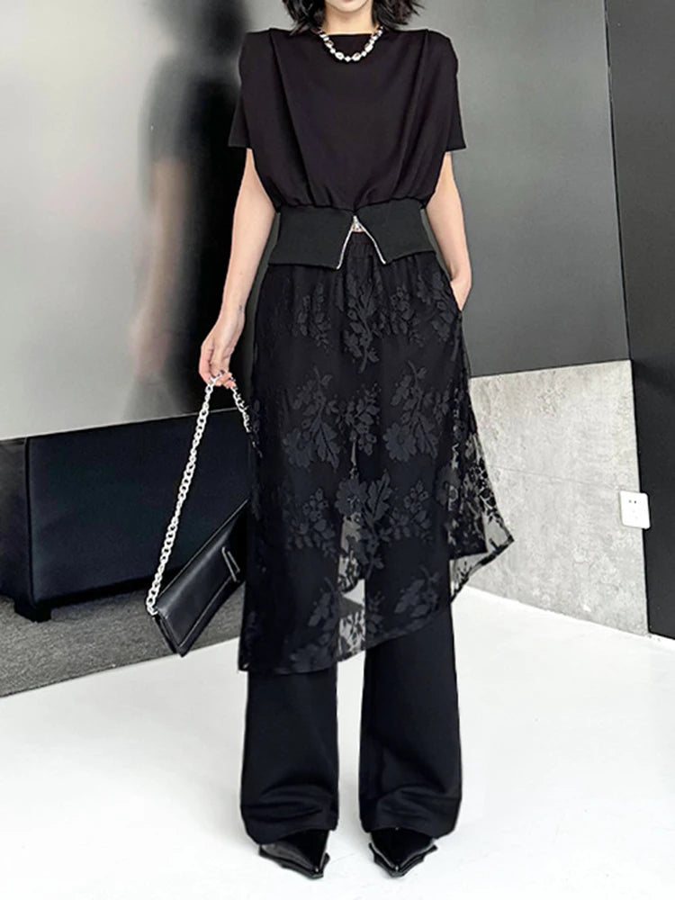 High Elastic Waist Black Lace Irregular Long Wide Leg Pants New Trousers Women Fashion Tide Spring Autumn 2025 1DJ1094