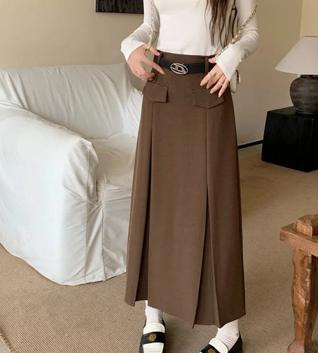 Korean Vintage Brown High Waist Slim Suit Pleated Skirts Women 2023 Spring Autumn Black With Belt A Line Party Long Skirt Casual