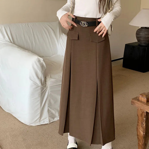 Load image into Gallery viewer, Korean Vintage Brown High Waist Slim Suit Pleated Skirts Women 2023 Spring Autumn Black With Belt A Line Party Long Skirt Casual
