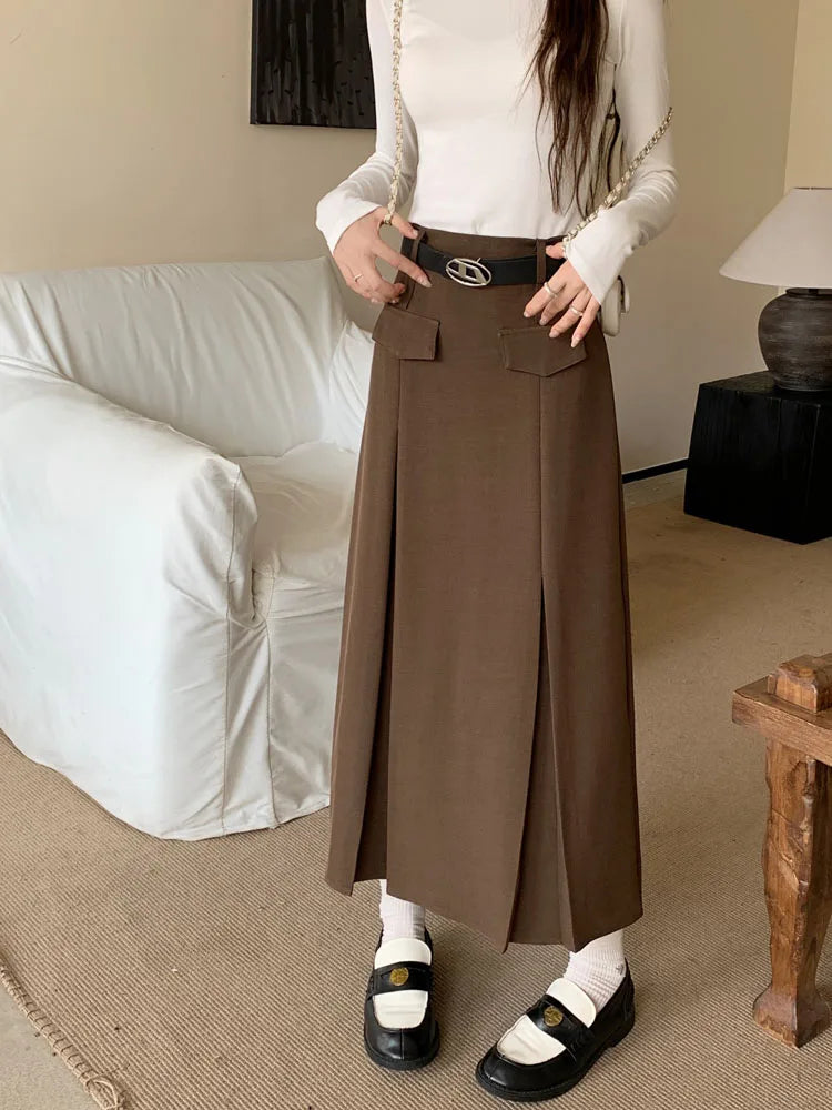 Korean Vintage Brown High Waist Slim Suit Pleated Skirts Women 2023 Spring Autumn Black With Belt A Line Party Long Skirt Casual
