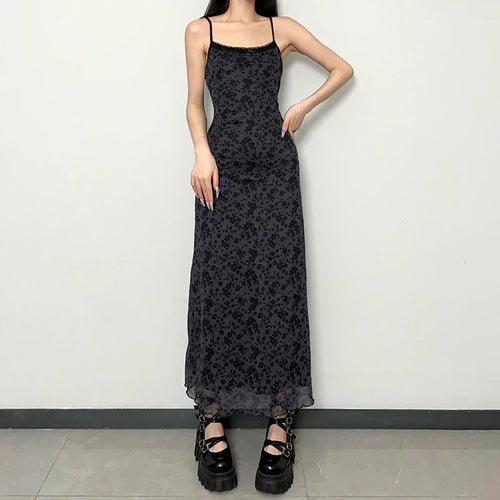 Load image into Gallery viewer, Gothic Vintage Flowers Printed Strap Mesh Dress Grunge 90 Aesthetic Frill Summer Long Dress Women Boho Lace Trim Chic
