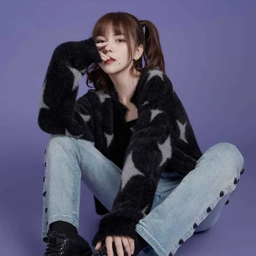 Load image into Gallery viewer, Korean Fashion Black Sweaters Women Star Print Cashmere Cardigan Y2k  Knitted Coats Female Cardigans All Match Sueter Oversized
