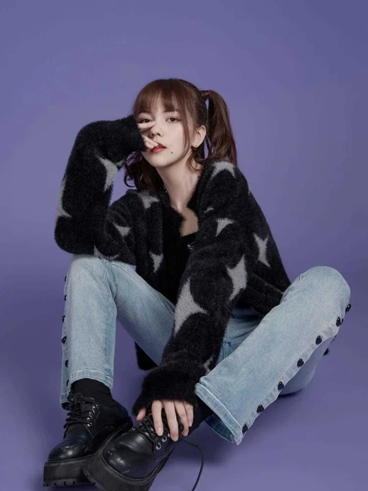 Korean Fashion Black Sweaters Women Star Print Cashmere Cardigan Y2k  Knitted Coats Female Cardigans All Match Sueter Oversized