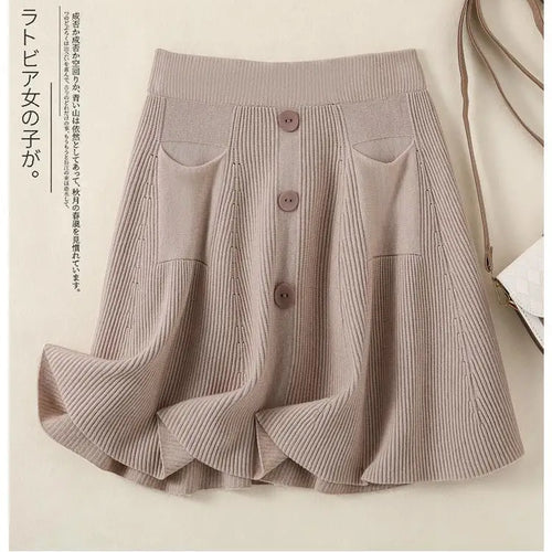 Load image into Gallery viewer, Autumn Winter Solid Slim Single Breasted Knitted Mini Pleated Skirts Women's Elastic High Waist A-line Short Skirt Sexy Club New

