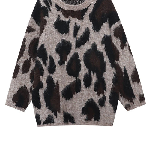 Load image into Gallery viewer, Gray Leopard Big Size Knitting Sweater Round Neck Long Sleeve Women Pullovers New Fashion Tide Spring Autumn 2025 1DH7968
