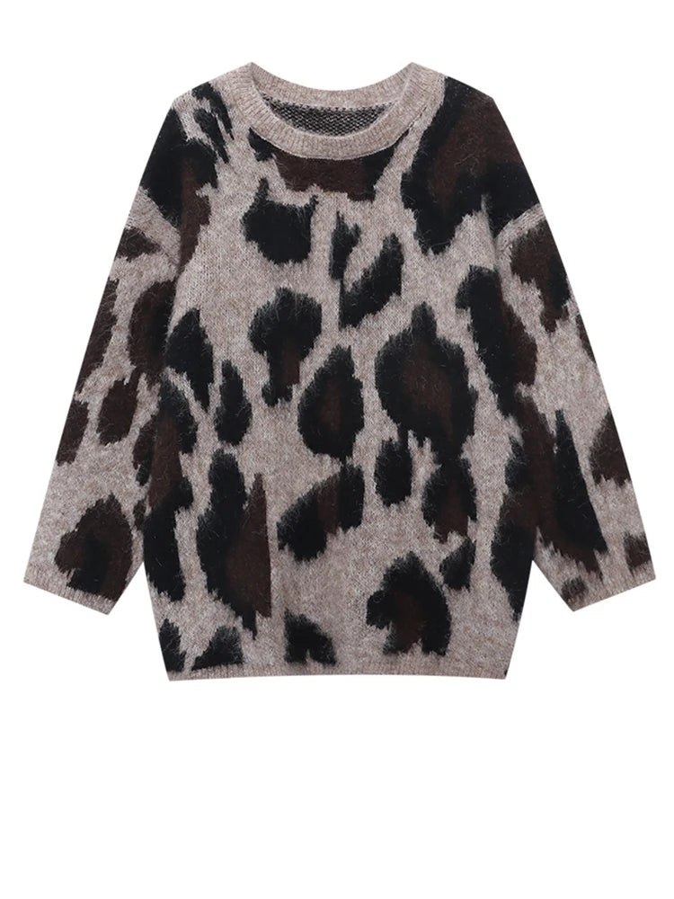 Gray Leopard Big Size Knitting Sweater Round Neck Long Sleeve Women Pullovers New Fashion Tide Spring Autumn 2025 1DH7968