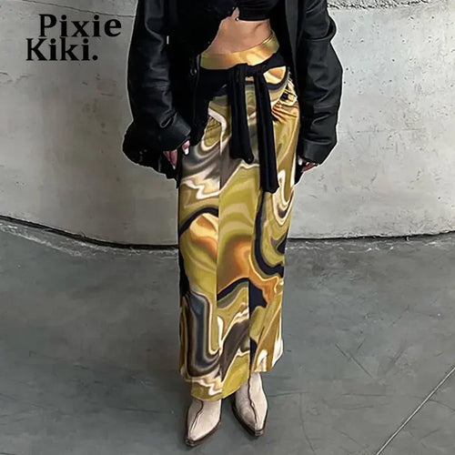 Load image into Gallery viewer, Abstract Yellow Printed High Waisted Long Skirts for Women Bottoms Vintage 2000s Aesthetic Clothes P85-BD18
