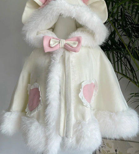 Japanese Lolita Sweet Rabbit's Ears Hooded Cloak Jackets Women Y2k Aesthetic Lace Patchwork Love Coat Harajuku Kawaii Bow Jacket