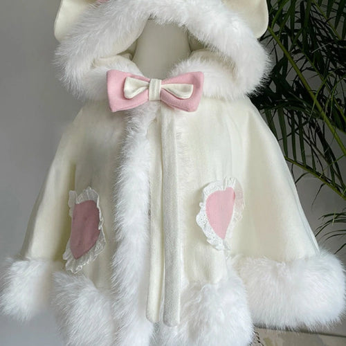Load image into Gallery viewer, Japanese Lolita Sweet Rabbit&#39;s Ears Hooded Cloak Jackets Women Y2k Aesthetic Lace Patchwork Love Coat Harajuku Kawaii Bow Jacket
