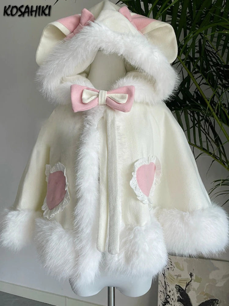 Japanese Lolita Sweet Rabbit's Ears Hooded Cloak Jackets Women Y2k Aesthetic Lace Patchwork Love Coat Harajuku Kawaii Bow Jacket