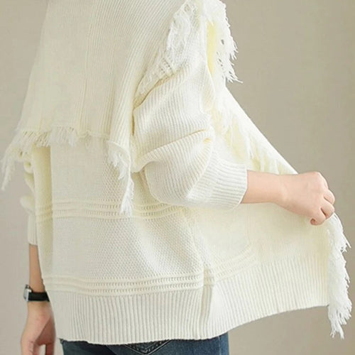Load image into Gallery viewer, Solid Loose Knitting Sweaters For Women Sailor Collar Long Sleeve Patchwork Tassel Minimalist Sweater Female
