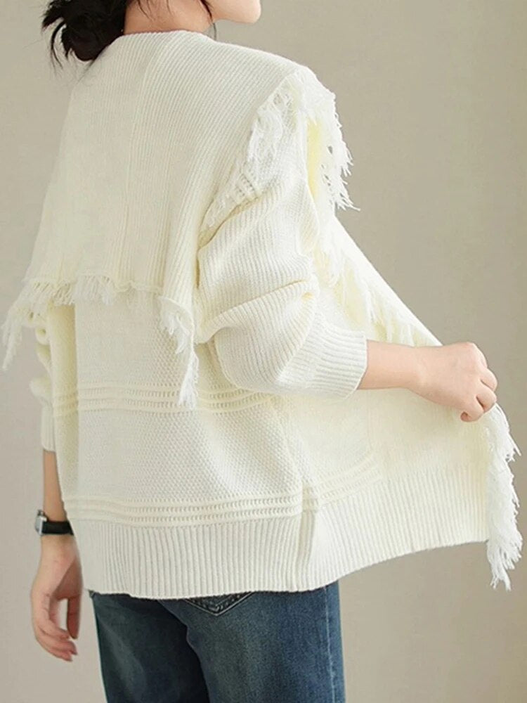 Solid Loose Knitting Sweaters For Women Sailor Collar Long Sleeve Patchwork Tassel Minimalist Sweater Female