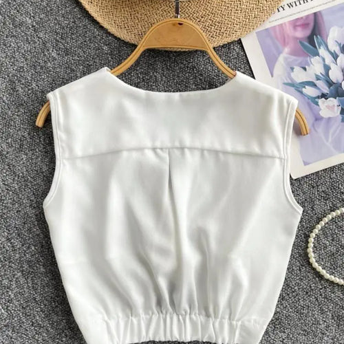 Load image into Gallery viewer, Women Clothing Summer Black V-neck Short Vest Ladies Casual Versatile White Sleeveless Pleated Tank Tops Simplicity Popular Chic
