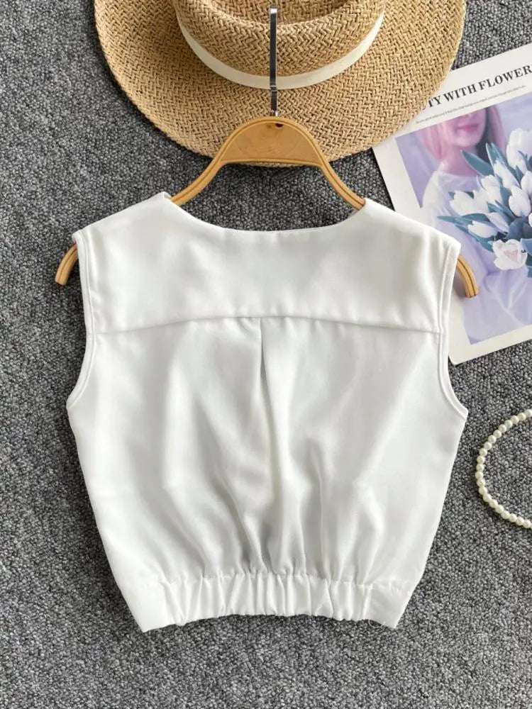 Women Clothing Summer Black V-neck Short Vest Ladies Casual Versatile White Sleeveless Pleated Tank Tops Simplicity Popular Chic