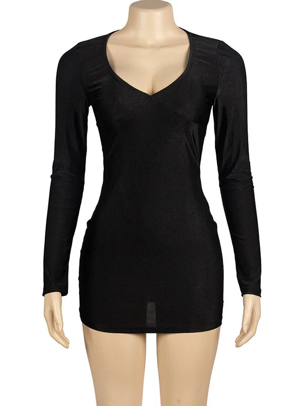 Sexy Deep V Long Sleeved Tight Elastic Short Skirt For Women's New Pullover Slim  Wrap Hip High Waist Dress Party Street