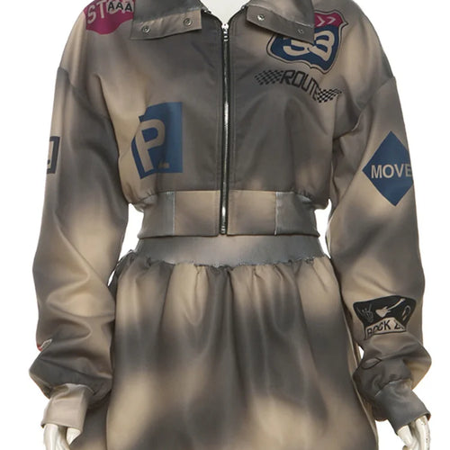 Load image into Gallery viewer, Tie-Dye 2 Piece Set Tracksuit Women Letter Print Zip Jacket+Waistband Puffy Skirt Matching Street Casual Vintage Suit
