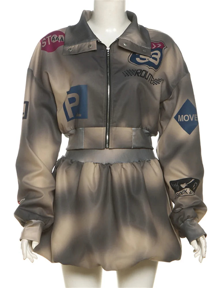 Tie-Dye 2 Piece Set Tracksuit Women Letter Print Zip Jacket+Waistband Puffy Skirt Matching Street Casual Vintage Suit
