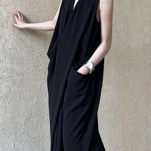 Load image into Gallery viewer, Women Orange Pocket Knot Elegant  Long Big Size Dress New V-Neck Sleeveless Fashion Tide Spring Summer 2025 1DH6380
