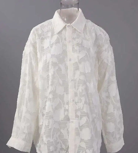 Women Beige Perspective Off Shoulder Big Size Blouse New Lapel Long Sleeve Shirt Fashion Tide Spring Autumn 2025 CPG2914