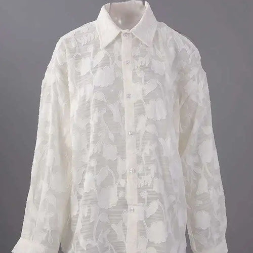 Load image into Gallery viewer, Women Beige Perspective Off Shoulder Big Size Blouse New Lapel Long Sleeve Shirt Fashion Tide Spring Autumn 2025 CPG2914
