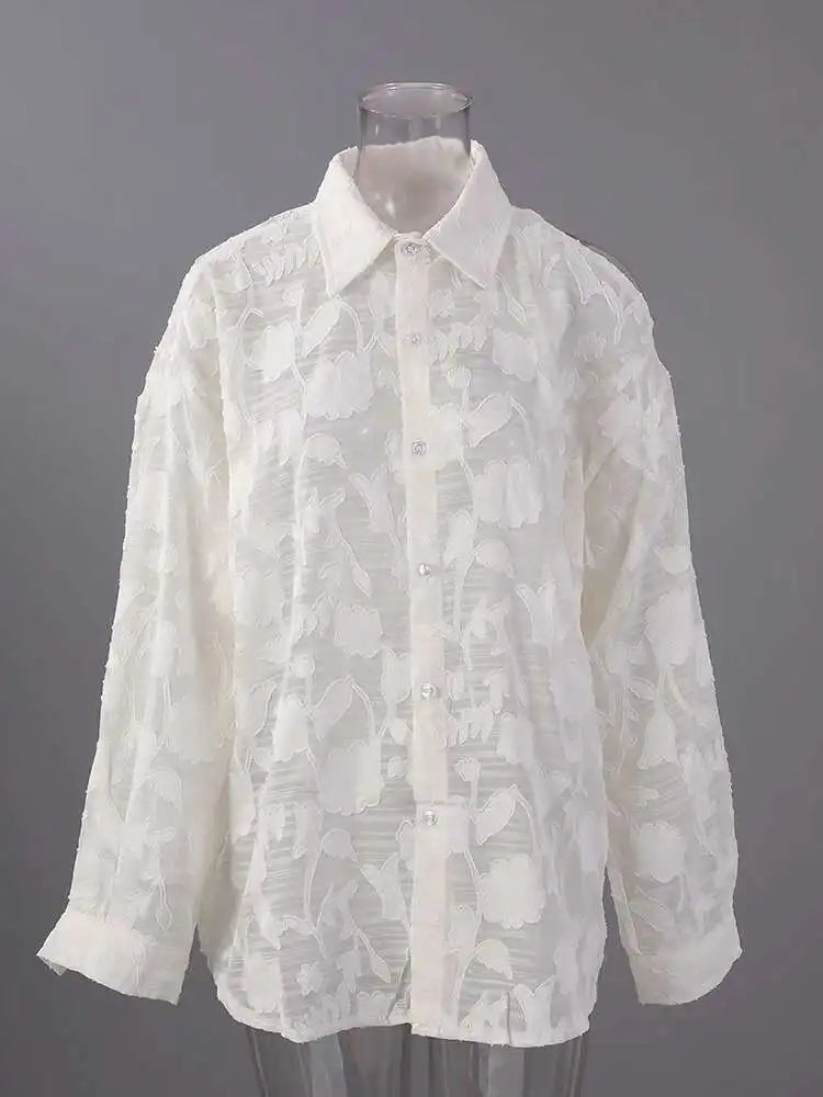 Women Beige Perspective Off Shoulder Big Size Blouse New Lapel Long Sleeve Shirt Fashion Tide Spring Autumn 2025 CPG2914