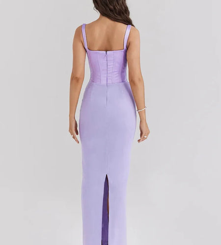 Sexy V-neck Fishbone Suspender Women Evening Dress Elegant Sleeveless Dress Slim Fit Backless Slit Female Vestido 2025