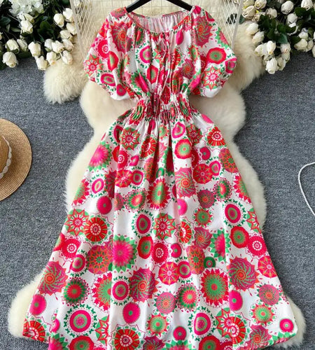 French Retro Women Print Vacation Long Dress 2024 Summer High Waist Round Neck Short Sleeved Lace-up Pleated Dress Bohemian Chic