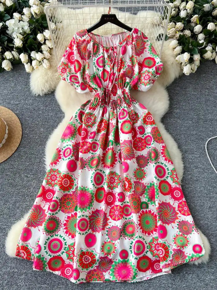 French Retro Women Print Vacation Long Dress 2024 Summer High Waist Round Neck Short Sleeved Lace-up Pleated Dress Bohemian Chic