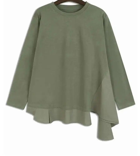 Women Green Irregular Hem Big Size Casual T-shirt New Round Neck Long Sleeve Fashion Tide Spring Autumn 2025 1DH6929