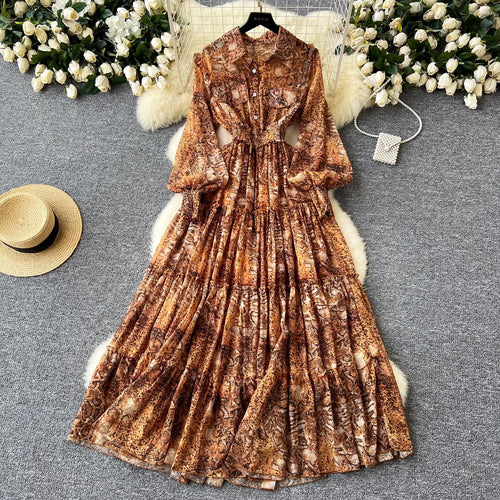 Load image into Gallery viewer, Retro 2024 Autumn Women Print Elegant Lantern Sleeves Long Dress High Waist Single Breasted Evening Party Pleated Shirt Dresses
