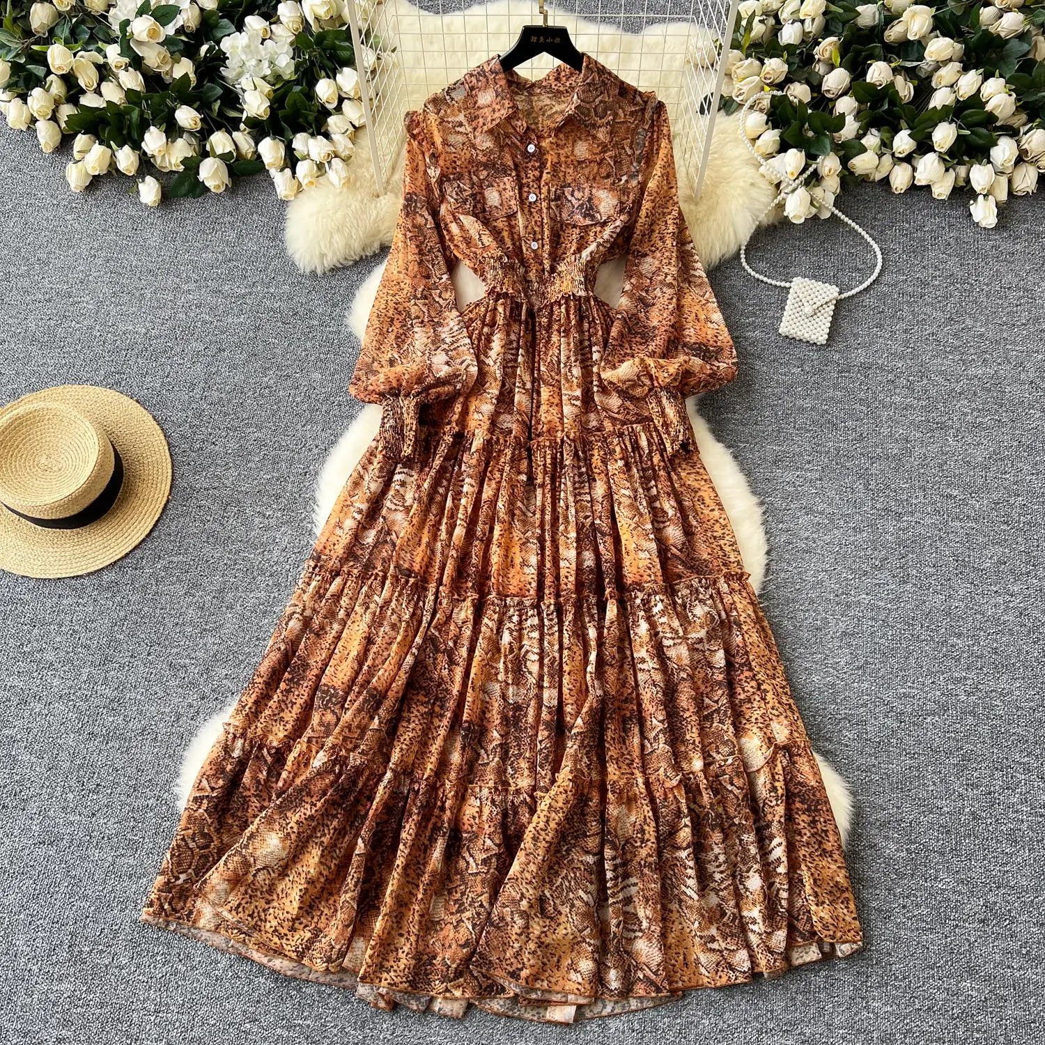 Retro 2024 Autumn Women Print Elegant Lantern Sleeves Long Dress High Waist Single Breasted Evening Party Pleated Shirt Dresses