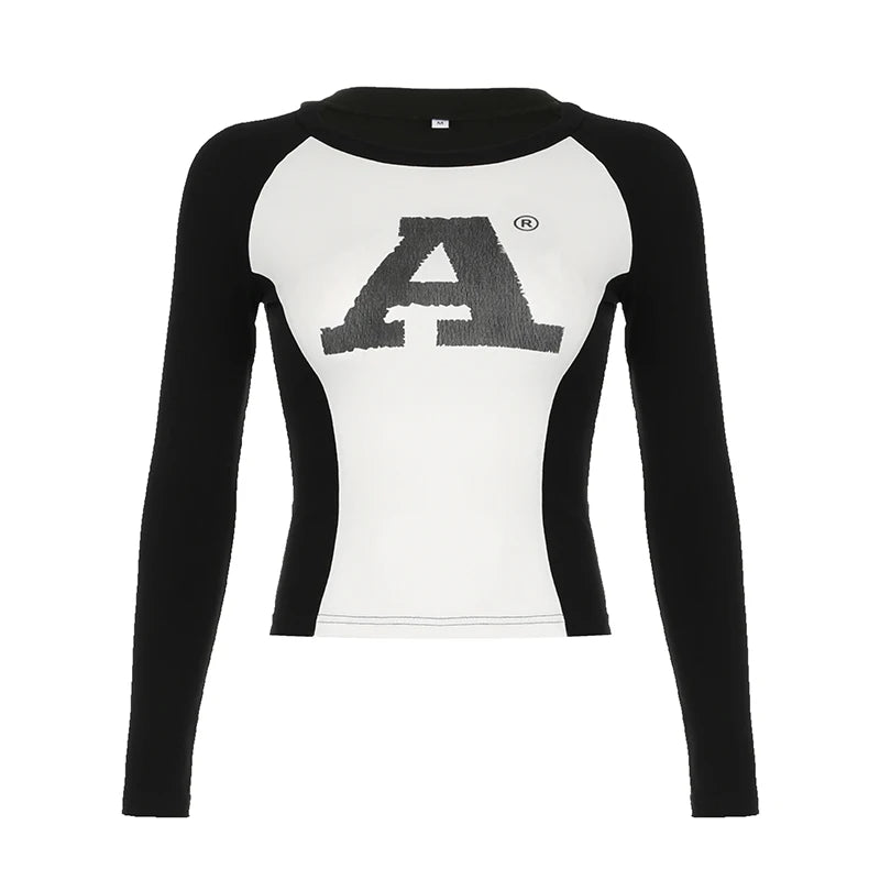 Casual Black White Autumn Tee Long Sleeve Letter Y2K Clothes Knit Basic Pullover Women's T-shirts Top Korean Contrast