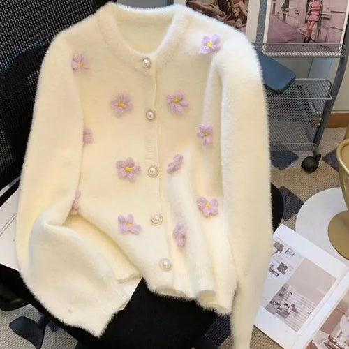 Load image into Gallery viewer, Sweet Women Purple Green Flower Decoration Knitted Single Breasted Cardigan Sweater Long Sleeve Loose O-neck Autumn Winter Tops
