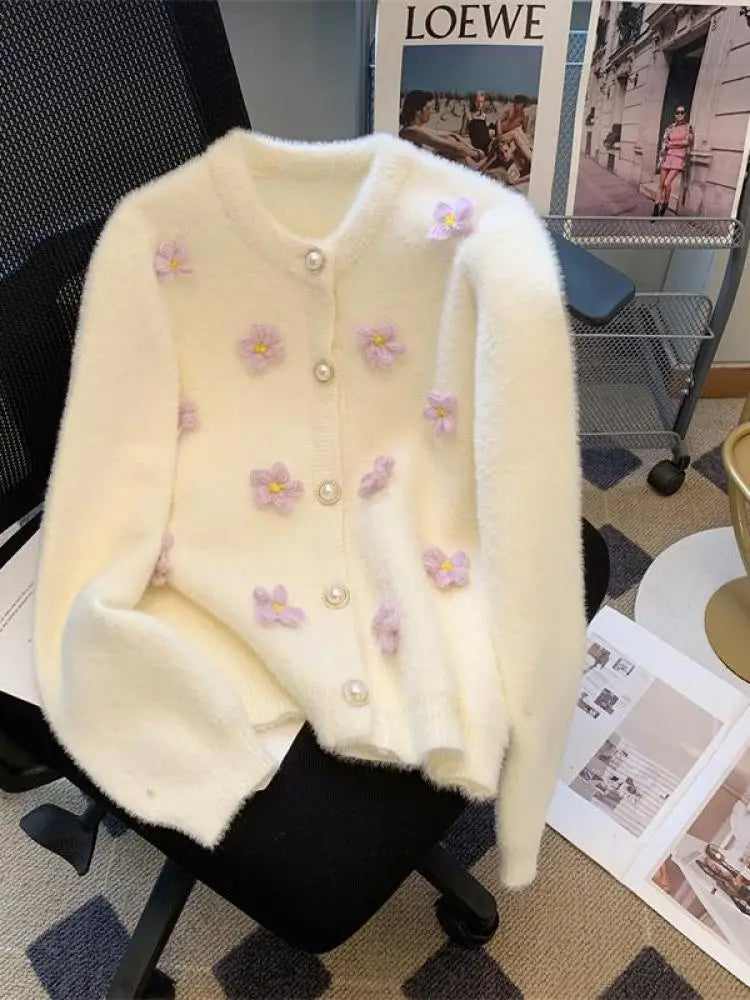 Sweet Women Purple Green Flower Decoration Knitted Single Breasted Cardigan Sweater Long Sleeve Loose O-neck Autumn Winter Tops