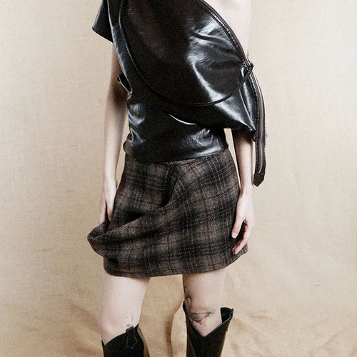 Load image into Gallery viewer, Women Brown Pu Leather 2 Ways Wear T-shirt New Asymmetrical Collar Short Sleeve Fashion Tide Spring Autumn 2025 1DH9374
