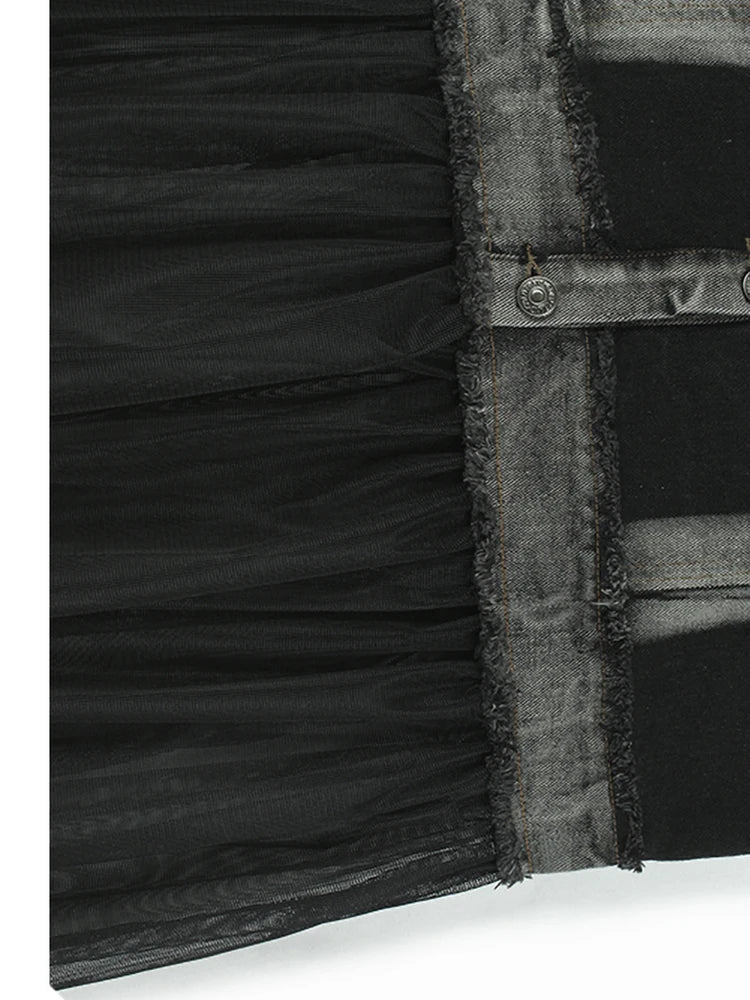 Women Black Denim Burr Mesh Spliced Big Size Vest Dress New Lapel Sleeveless Fashion Tide Spring Autumn 2025   1DJ1352