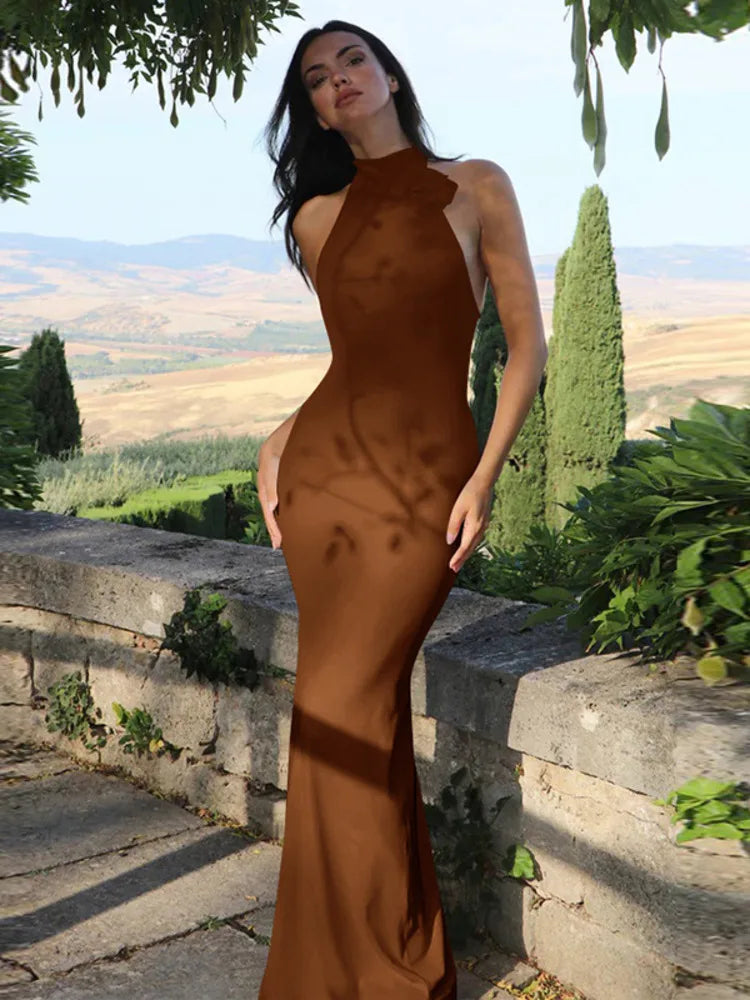 Flower Sleeveless Sexy Maxi Dress For Women Gown Fashion Halter Backless Bodycon Evening Club Long Dress Vestido