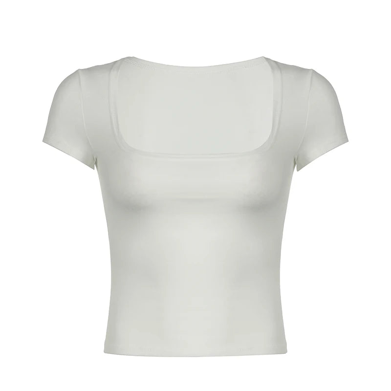 Casual Square Neck White T shirt Female All-Match Elegant Crop Top Streetwear Basic Summer Tee Shirts Korean Clothes