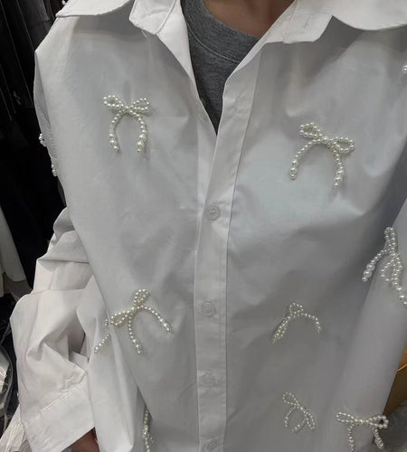 Solid Spliced Pearl Loose Blouses For Women Lapel Long Sleeve Loose Casual Shirts Female Fashion Style Clothes New