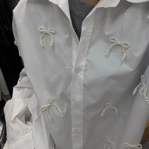 Load image into Gallery viewer, Solid Spliced Pearl Loose Blouses For Women Lapel Long Sleeve Loose Casual Shirts Female Fashion Style Clothes New
