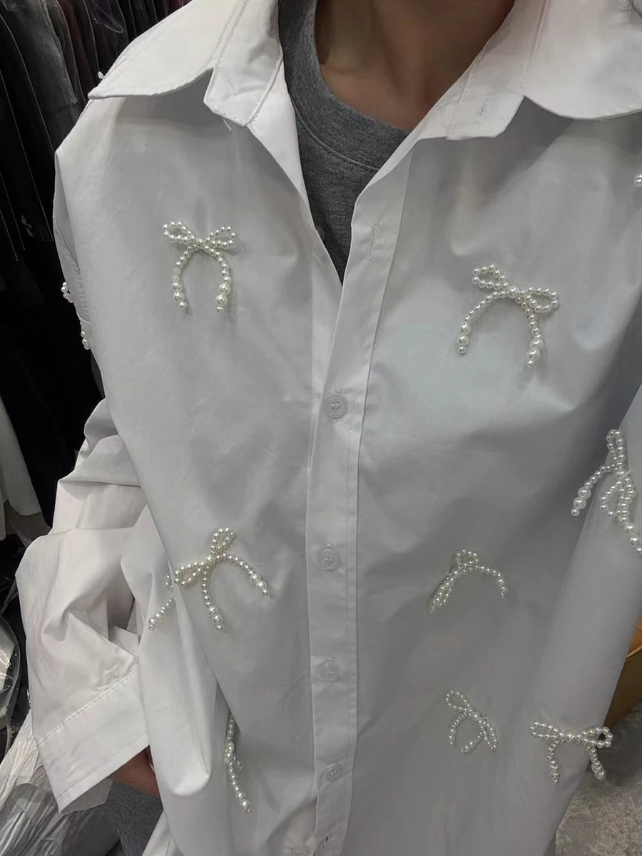 Solid Spliced Pearl Loose Blouses For Women Lapel Long Sleeve Loose Casual Shirts Female Fashion Style Clothes New