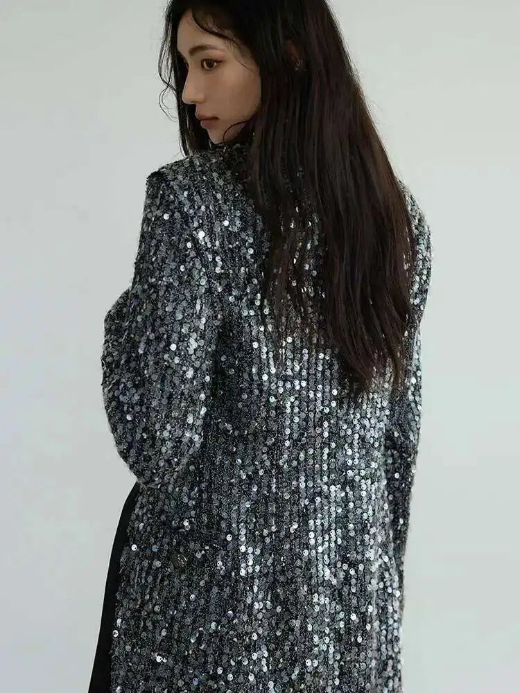 Sequins Shining Blazer Wide Leg Shorts Two Piece Suit New Lapel Long Sleeve Women Fashion Tide Spring Autumn 2025  1DH7070