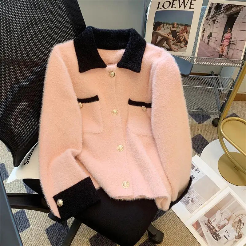 Autumn Winter Retro Sweet Pink White Patchwork Elegant Knitted Cardigan Tops Women French Single Breasted Long Sleeve Sweaters