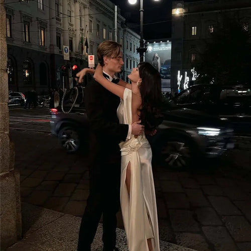 Load image into Gallery viewer, Satin Backless Sexy Maxi Dress For Women Elegant Rose Thigh High Split Beach Holiday Long Dress Gorgeous Club Gown
