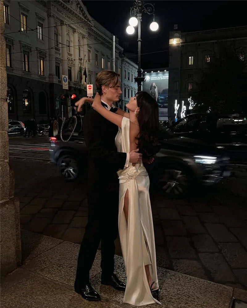 Satin Backless Sexy Maxi Dress For Women Elegant Rose Thigh High Split Beach Holiday Long Dress Gorgeous Club Gown