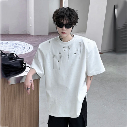 Load image into Gallery viewer, Men&#39;s Short Sleeved T-shirt 2024 New Summer Round Neck Metal Pendant Decoration Loose Trendy Male Top Korean Style 9C5479
