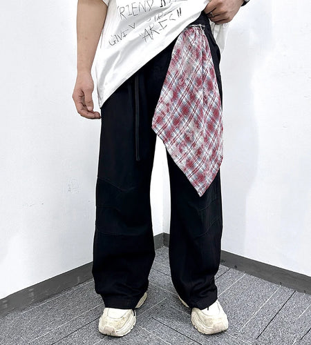 Men's Jeans Splicing Detachable Square Scarf Decoration Straight Wide Leg Trendy Loose Male Personaility Trousers 9W1868
